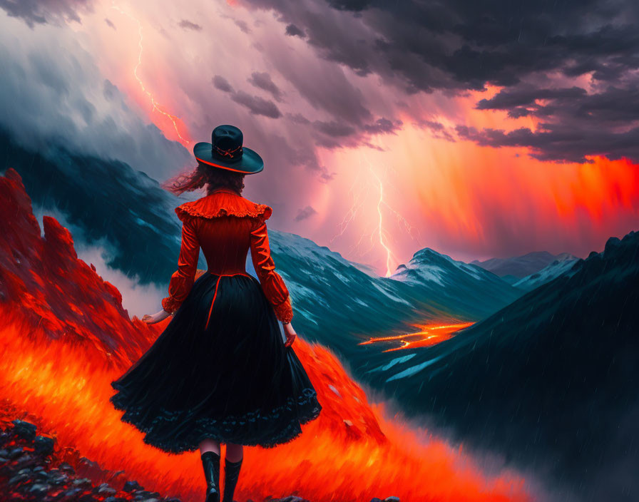 Person in Red Dress Stands in Front of Dramatic Lava Landscape