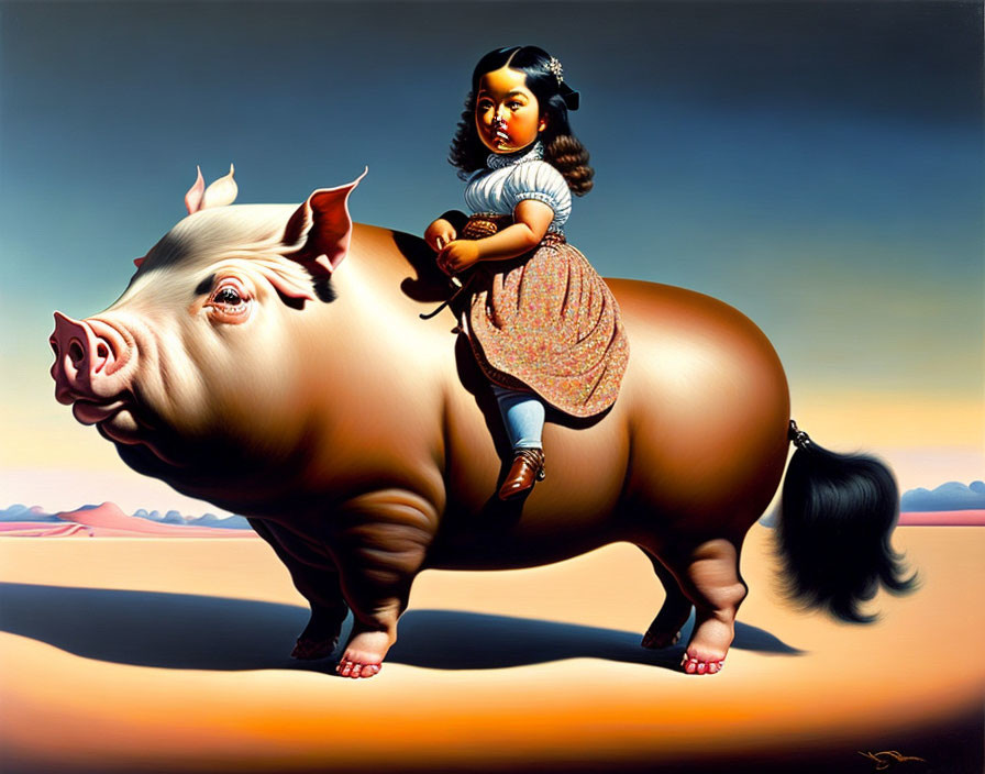 Surreal painting: young girl in dress on oversized pig in desert landscape