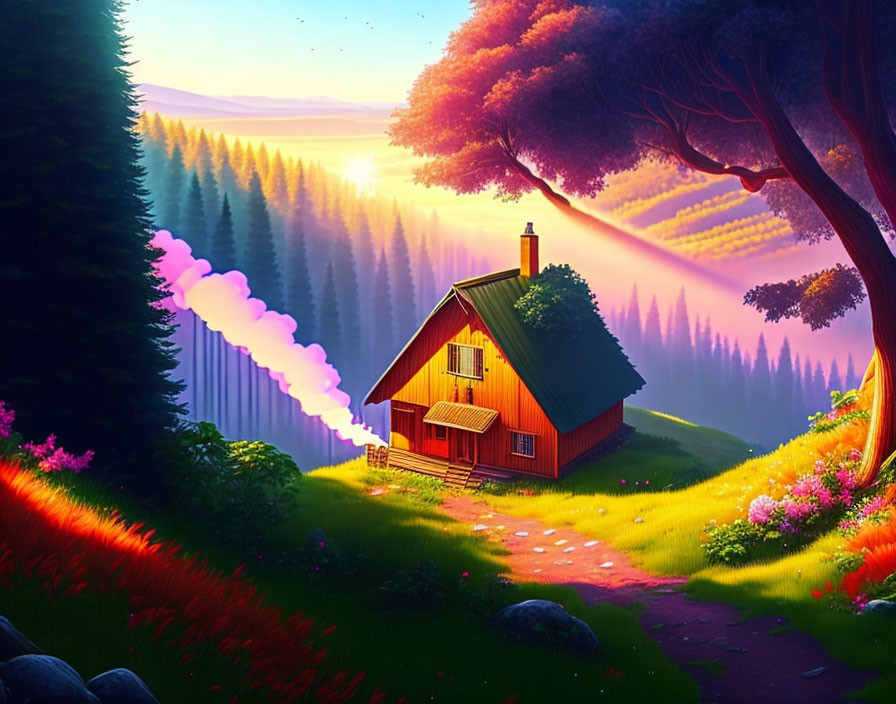 Digital artwork of cozy red cabin in forest at sunset