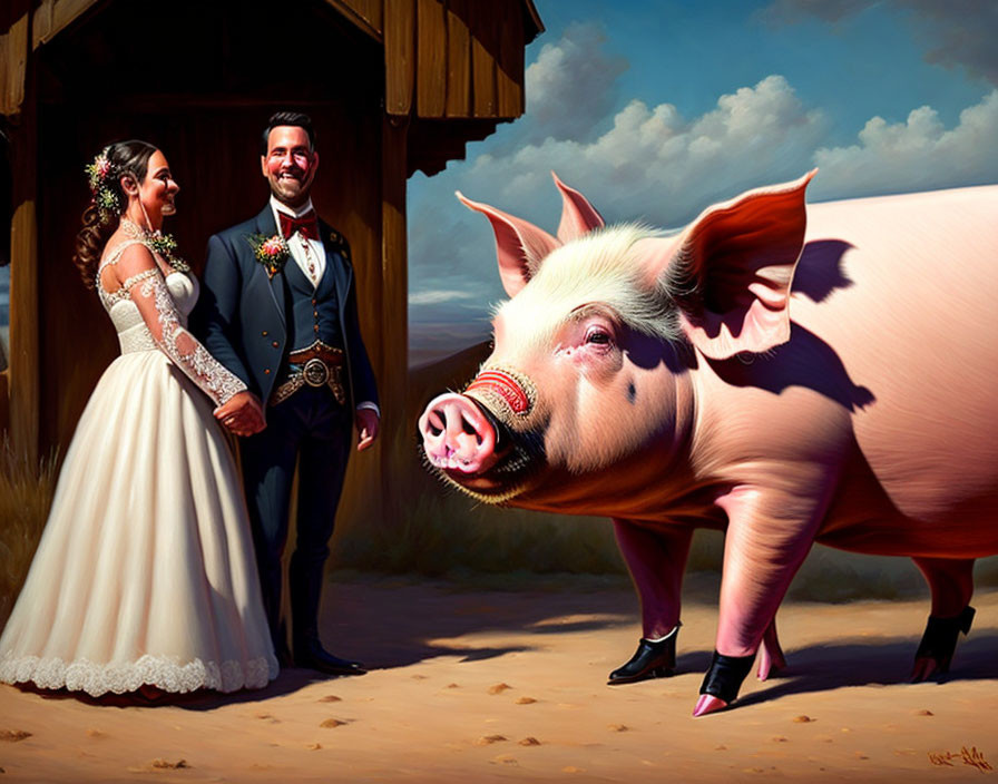 Happy bride and groom with surreal pig in sunny rural scene