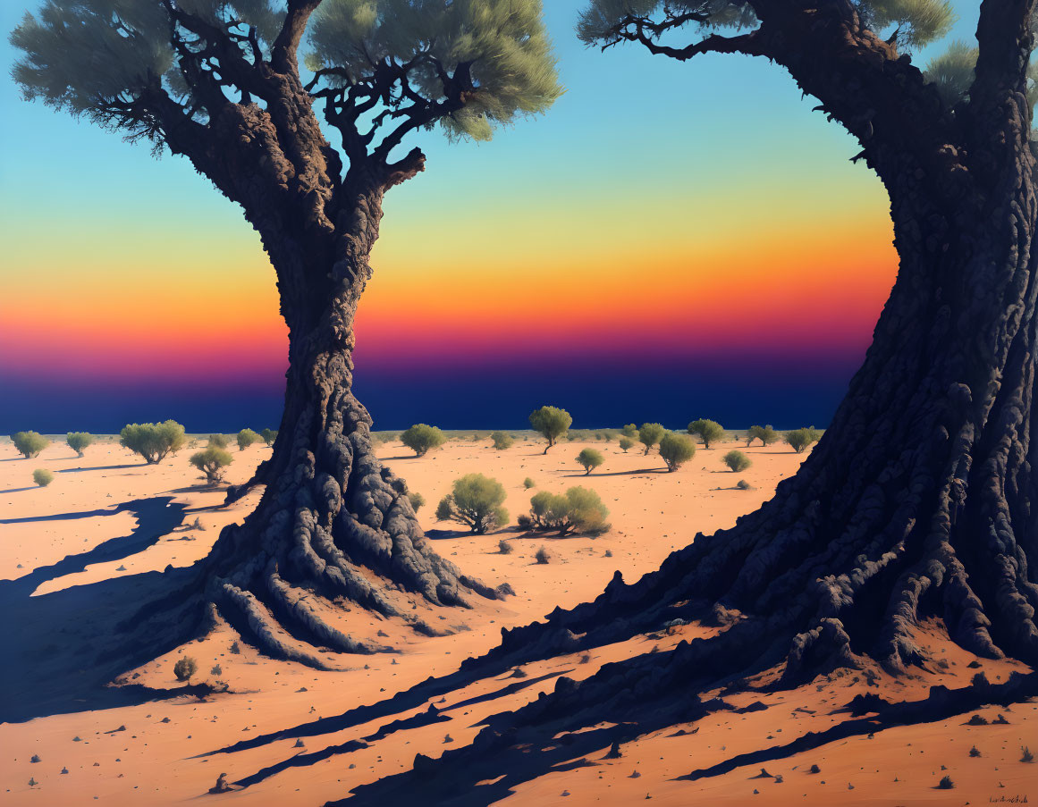 Twisted trees frame desert sunset with gradient sky and shrubs