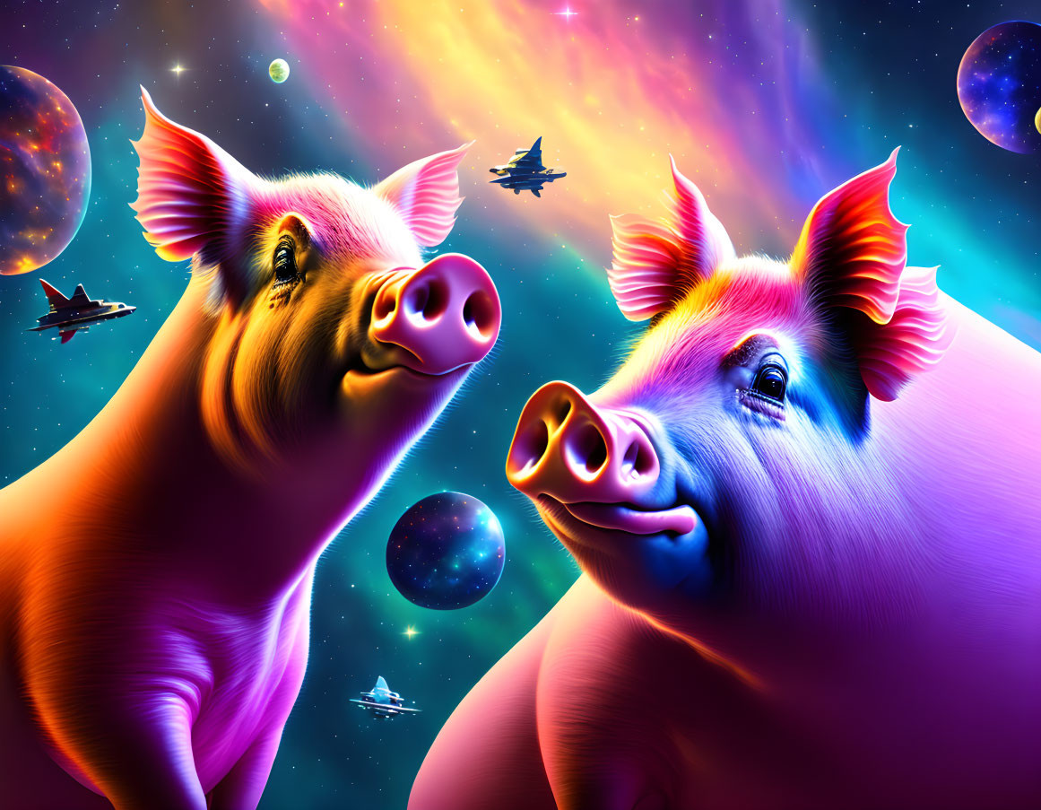 Vibrant neon-colored pigs in cosmic space with planets, stars, and spaceships