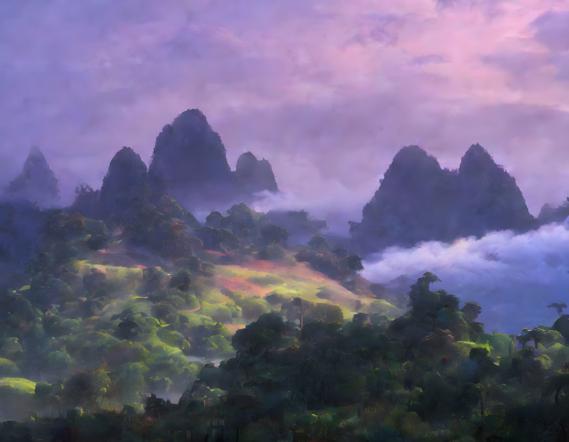 Dawn misty landscape: forested hillside, mountain peaks, pastel sky