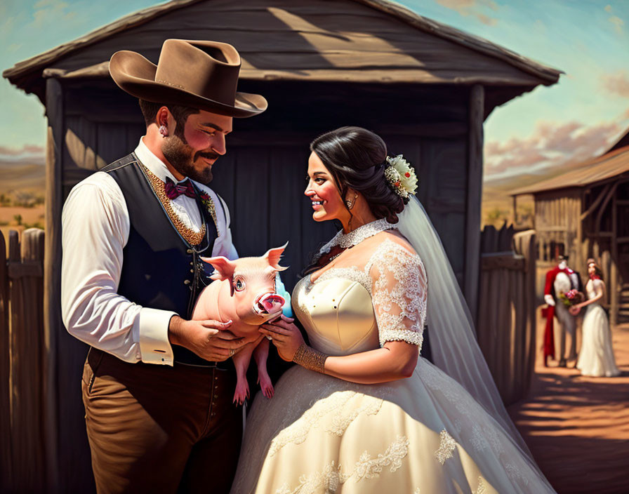 Western Attire Bride and Groom Hold Piglet at Rustic Barn Wedding