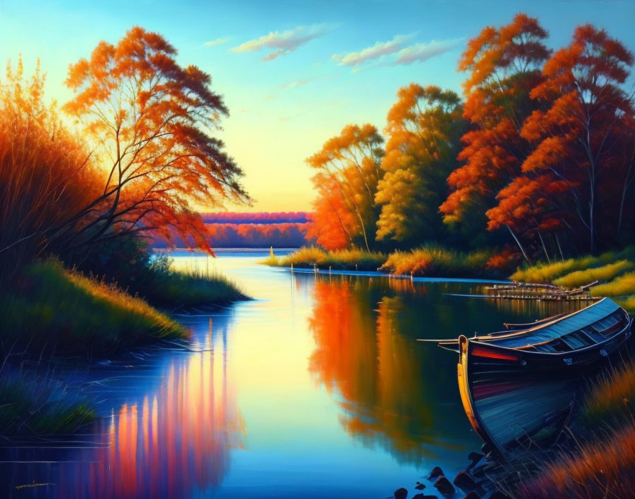 Tranquil autumn river scene with vibrant colors and moored boat