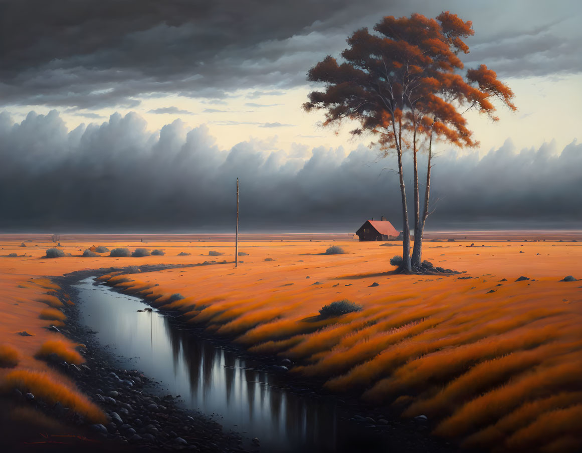 Tranquil twilight landscape with orange field, lone tree, hut, and meandering stream