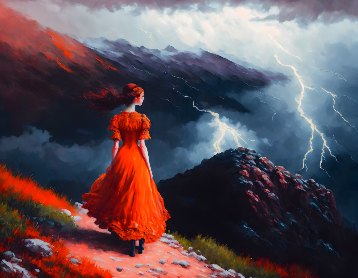 Woman in red dress on mountain path under stormy sky