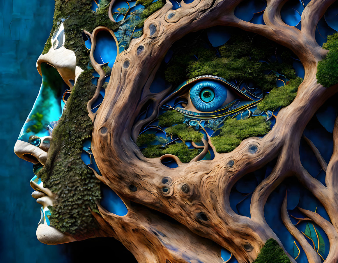 Surreal human-tree-moss-eye fusion against blue background