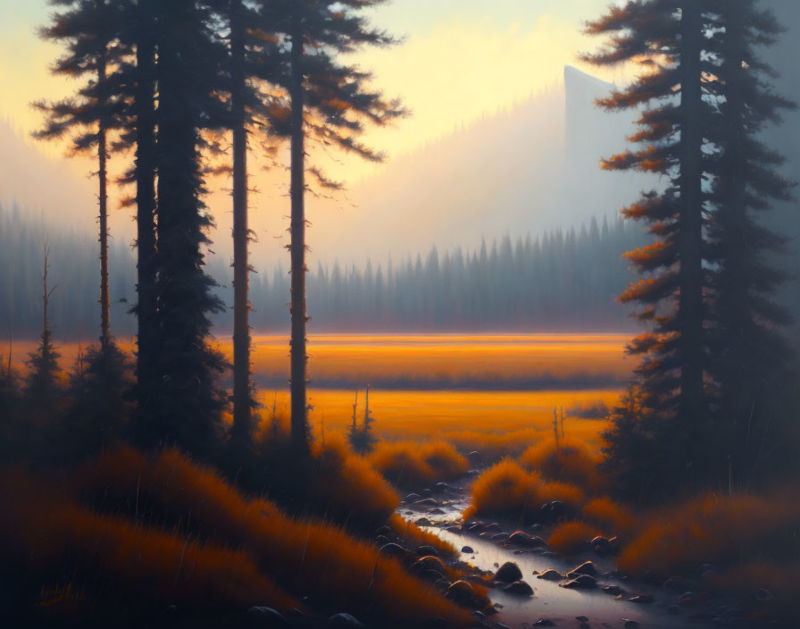 Tranquil landscape: babbling brook, golden meadow, tall pine trees, soft sunrise
