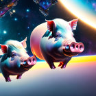 Cartoon pigs with wings in space with colorful nebula.