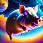 Colorful Flying Pig with Wings in Cosmic Space Scene