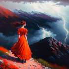 Woman in red dress on mountain path under stormy sky