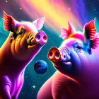 Vibrant neon-colored pigs in cosmic space with planets, stars, and spaceships