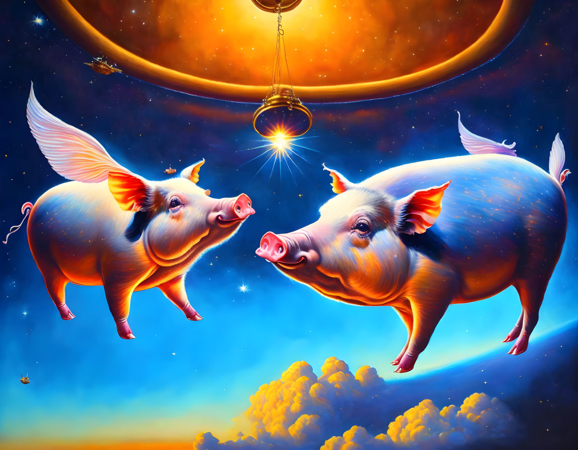 Flying pigs with wings in cosmic fantasy scene.
