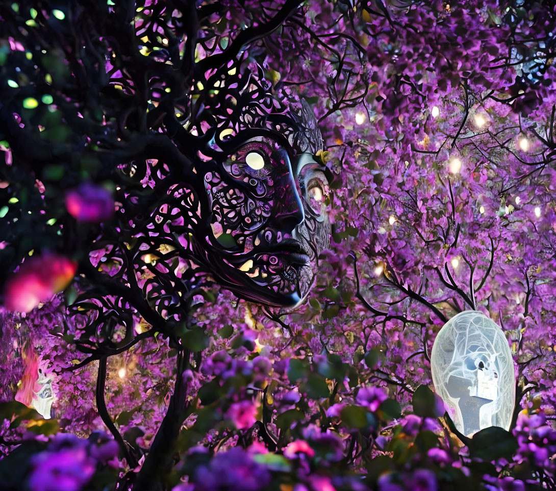 Intricate Purple Leaf Tree with Masks and Luminous Chair