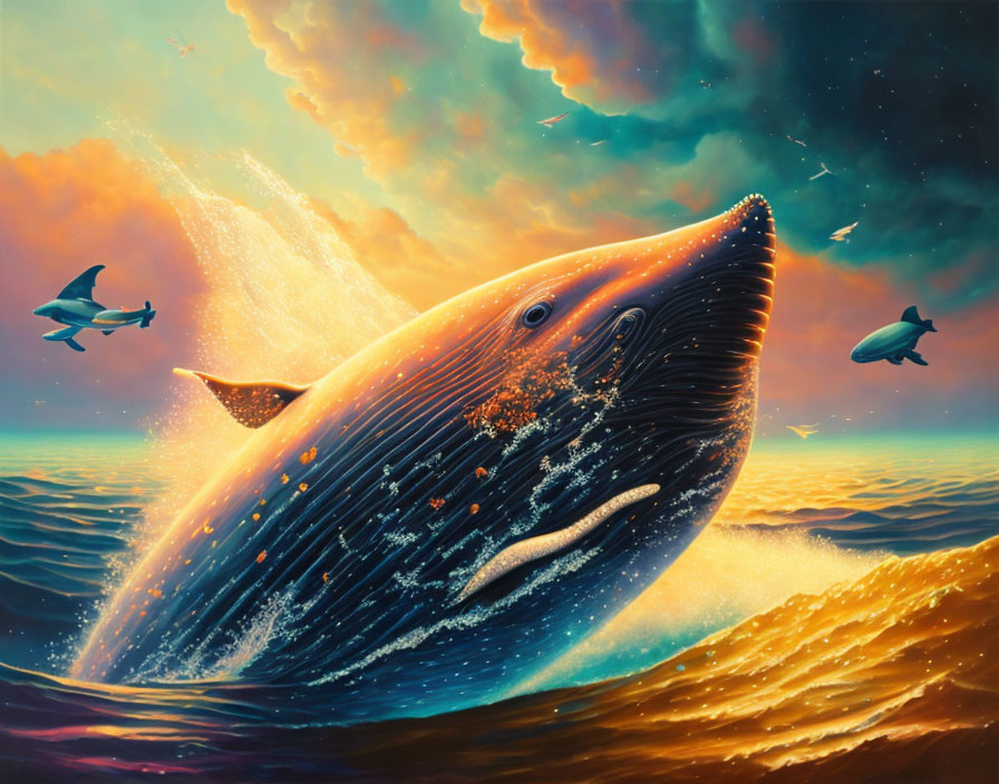 Giant whale soaring above ocean with flying fish in vivid sky