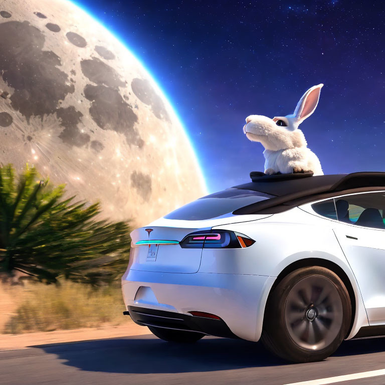 Plush bunny toy on white Tesla car roof under moonlight