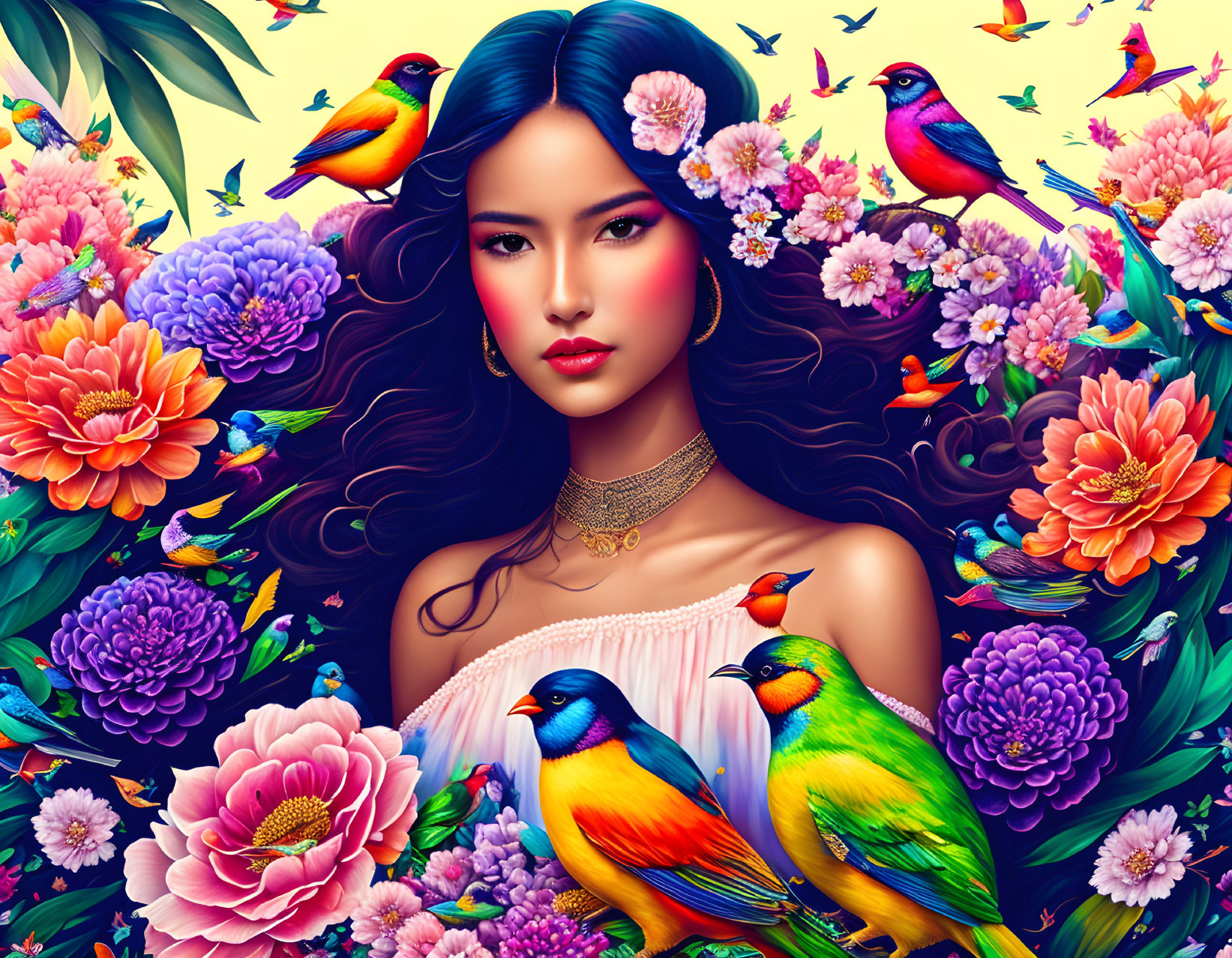 Colorful illustration of woman with dark hair and flowers, birds, and blooms on purple background