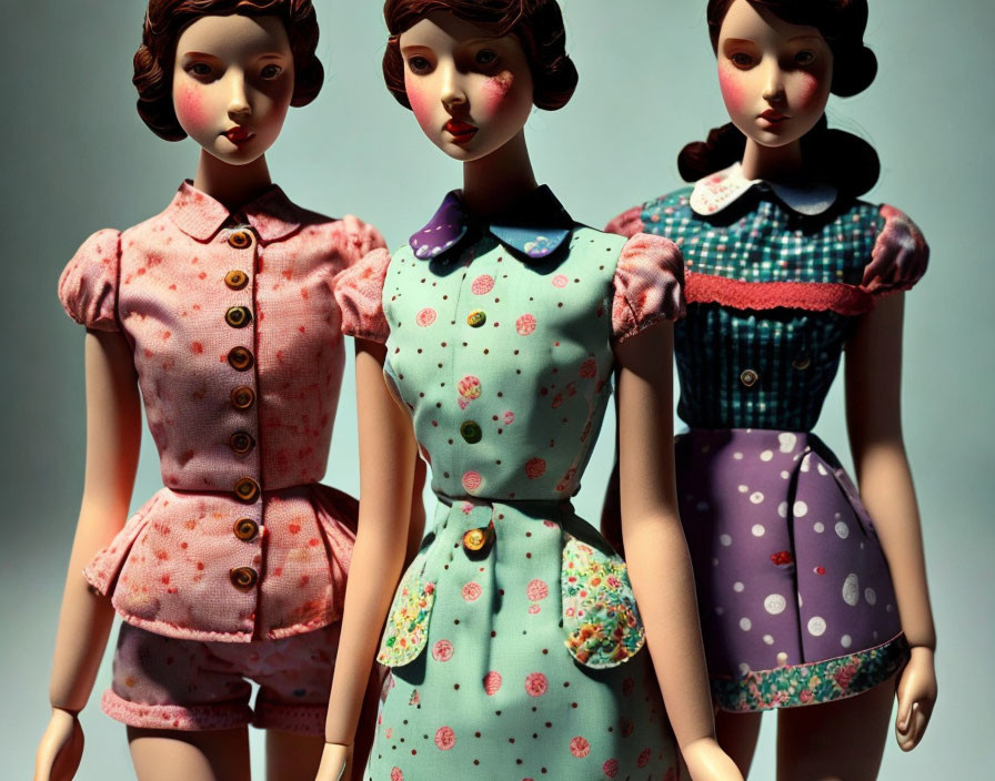 Three vintage porcelain dolls in pastel floral dresses