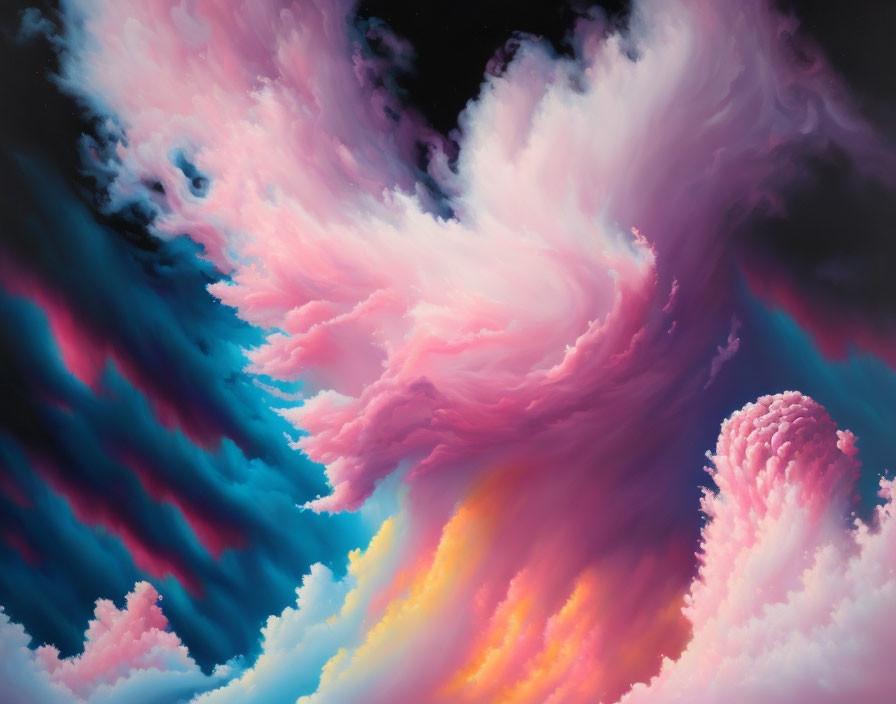 Colorful swirling clouds painting in pink, blue, and orange hues on dark sky