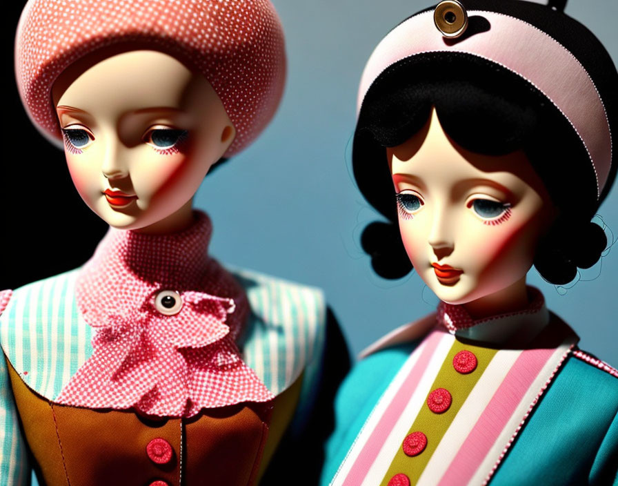 Vintage Style Porcelain Dolls in Pink and Blue Outfits