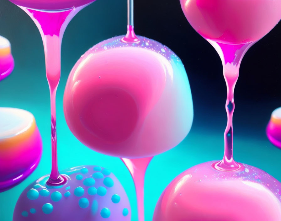 Colorful surreal digital art: glossy spheres, flowing liquid in pink, purple, and blue.