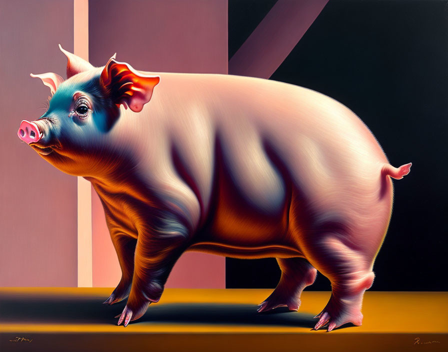Hyper-realistic pink pig painting with smooth texture and glossy finish on abstract geometric background