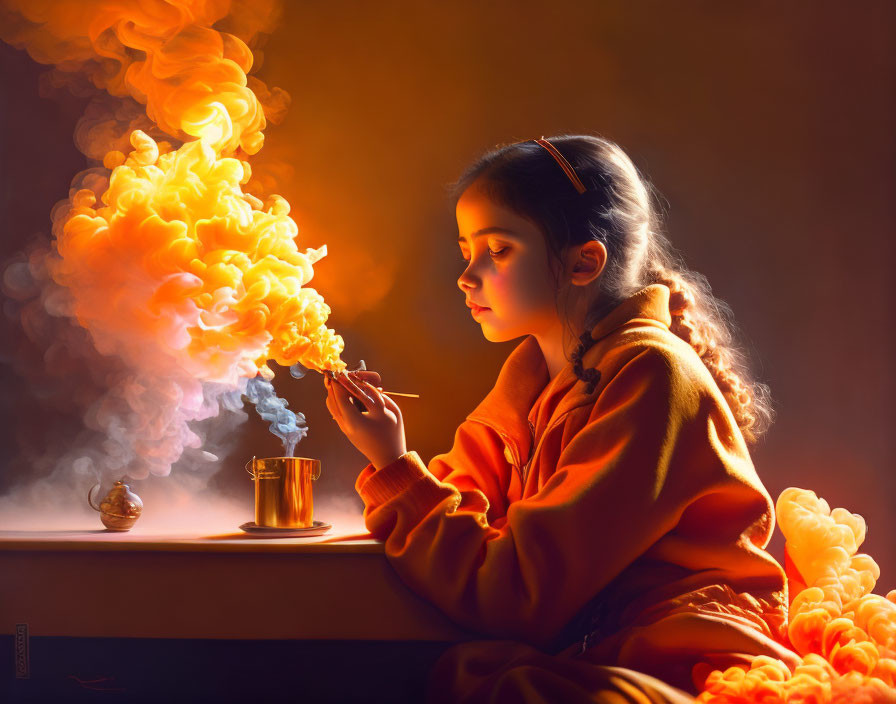Girl in Orange Jacket Painting with Glowing Smoke and Incense Burner