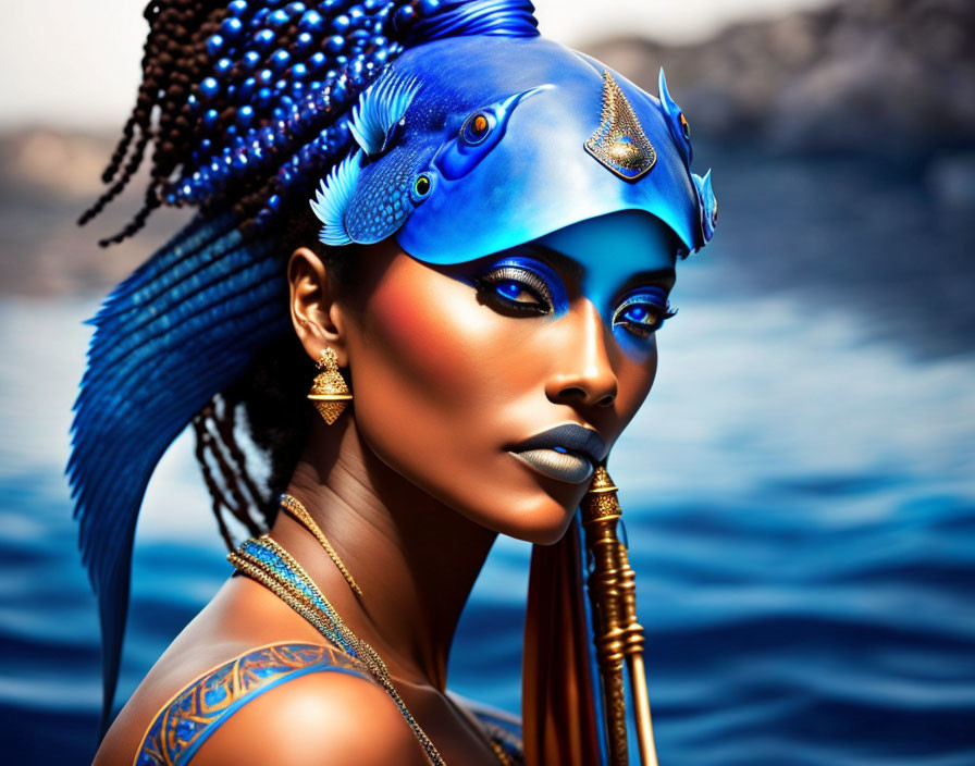 Blue-skinned woman in fish headdress with gold earrings against blue water background