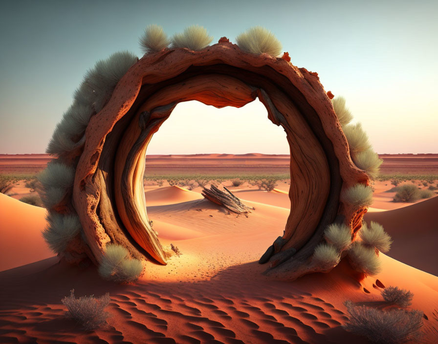 Twisted woody arch in surreal desert landscape