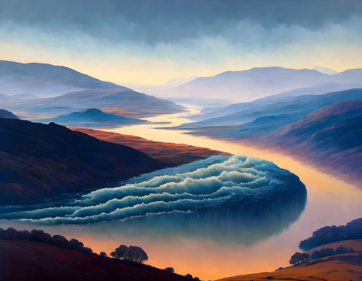 Surreal landscape: river, misty mountains at dusk