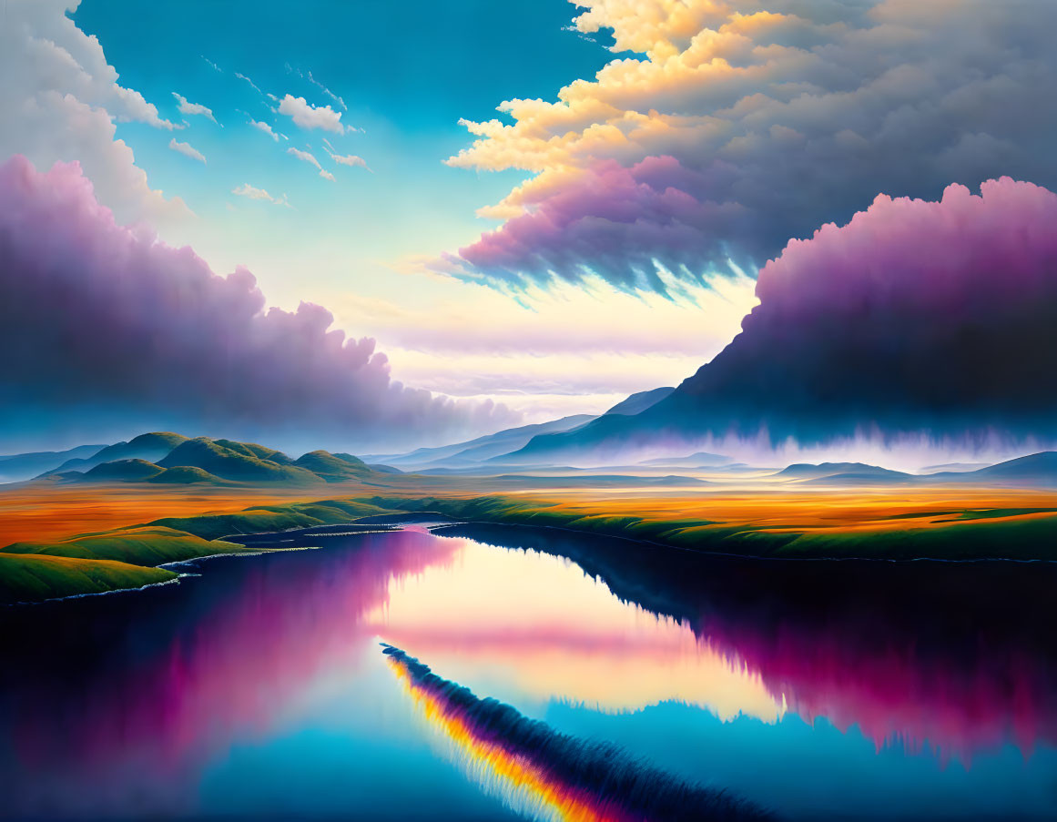 Colorful Sky and Reflective River in Vibrant Landscape