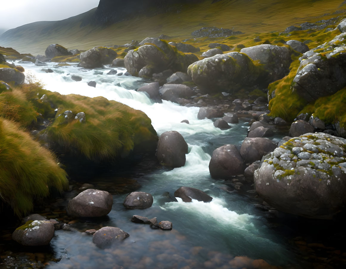 Tranquil moss-covered stream in lush green landscape