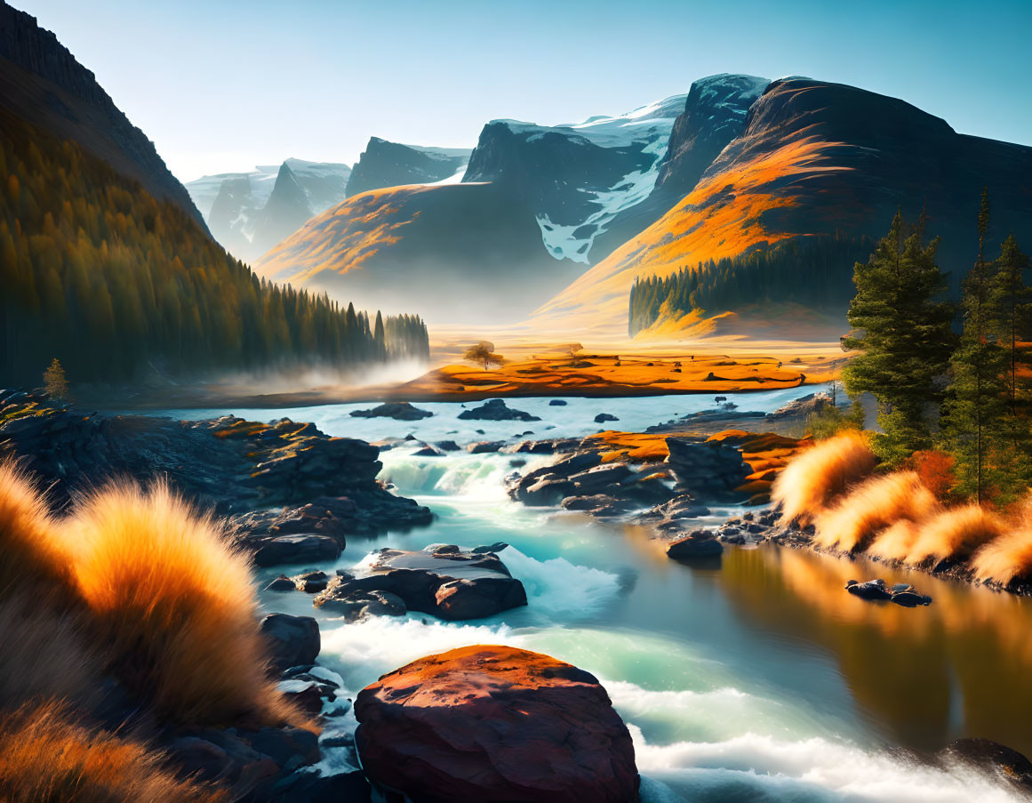 Scenic river in autumn valley with snow-capped mountains