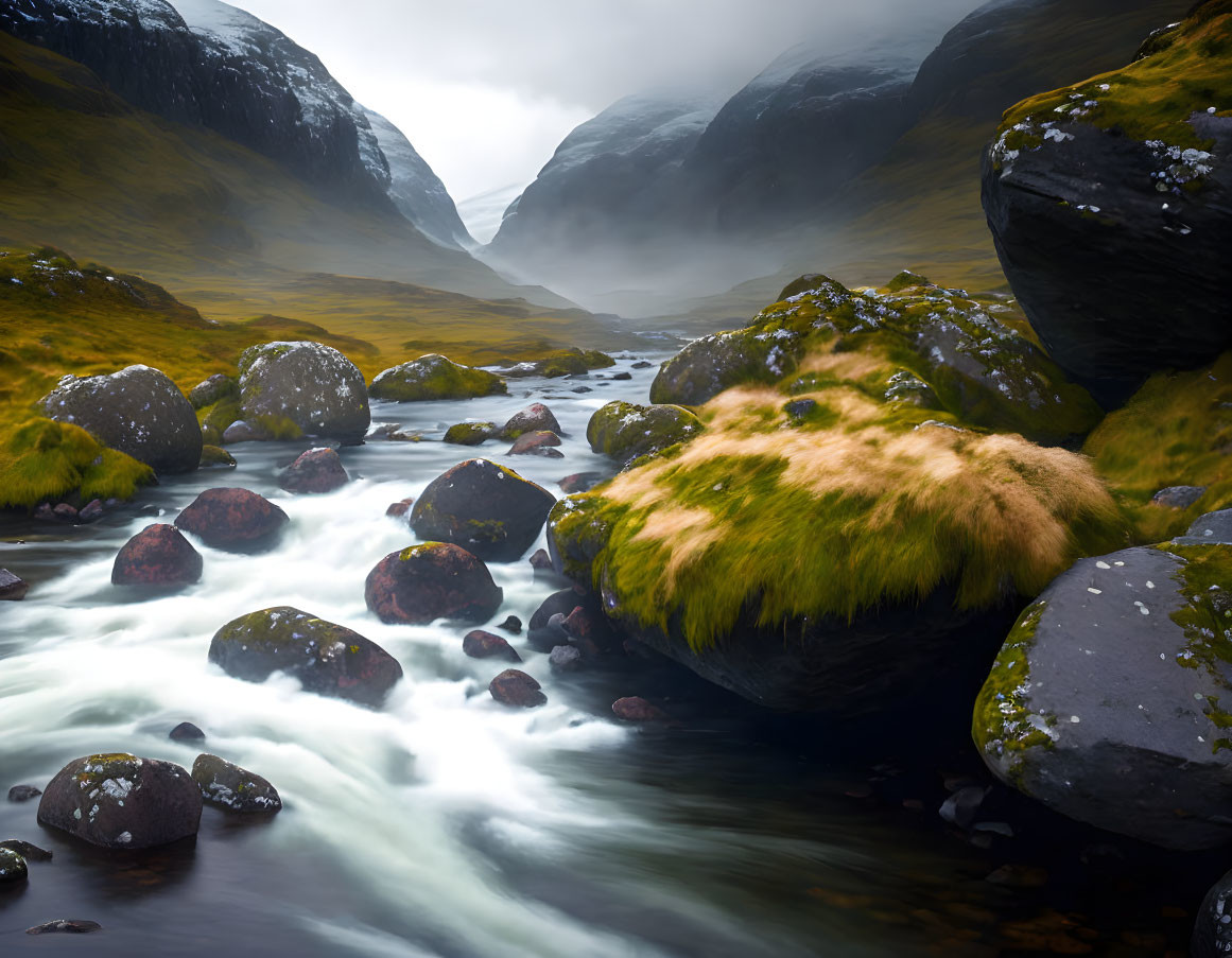 Tranquil stream in misty mountain valley with moss-covered rocks