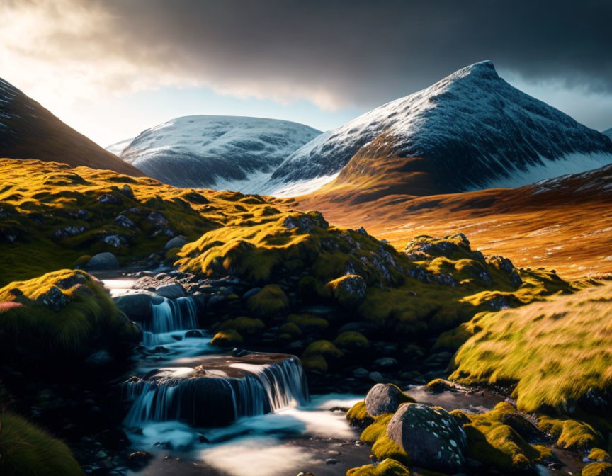 Snow-capped peaks and cascading stream in serene landscape