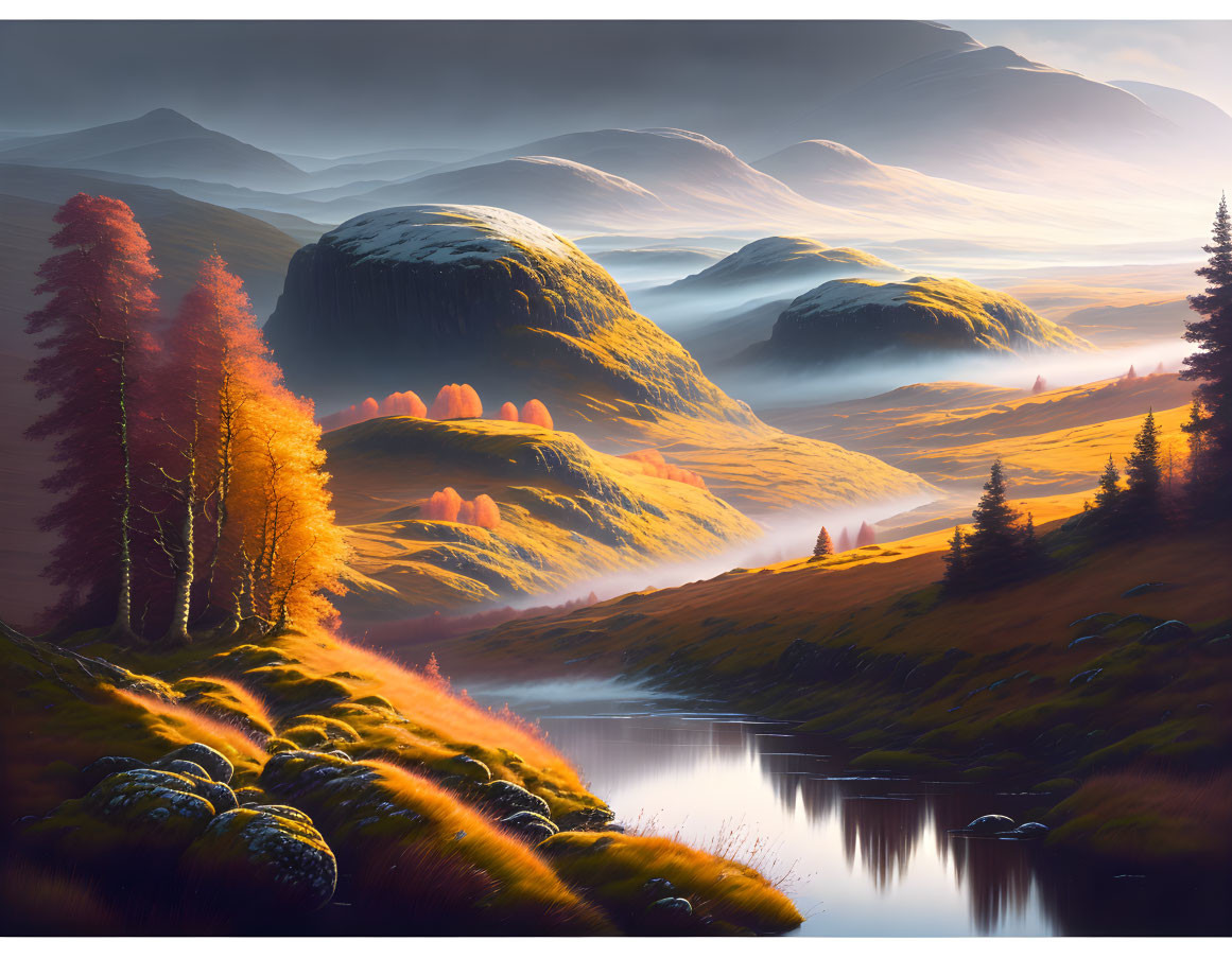 Tranquil sunrise landscape with misty hills, calm river, golden light, autumn trees