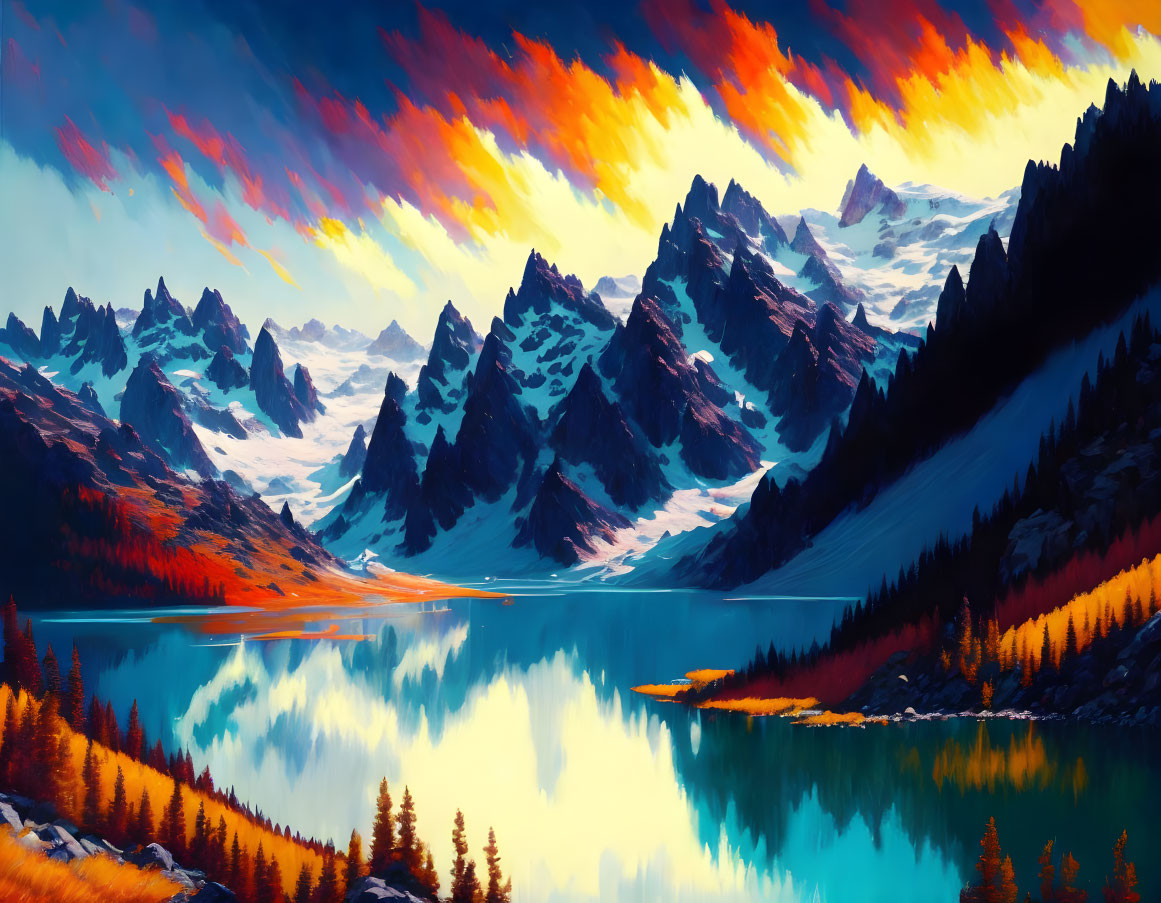 Colorful mountain range painting with fiery sunset clouds reflected on a serene lake