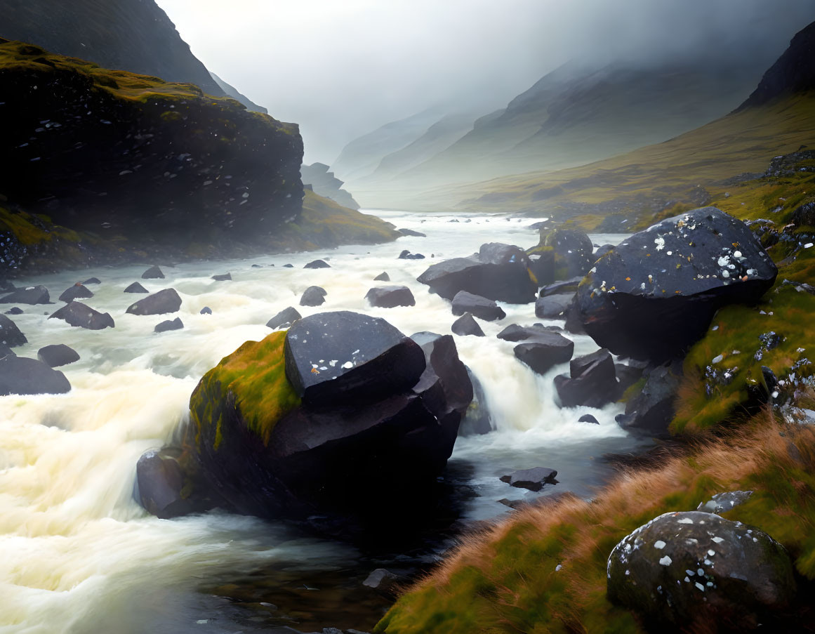 Misty mountainous landscape with turbulent river and foggy atmosphere