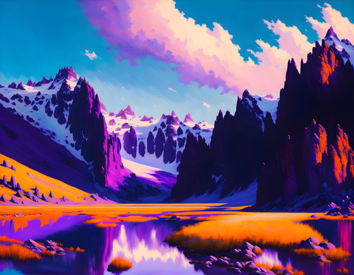 Scenic landscape: purple and pink skies, tranquil lake, snow-capped mountains