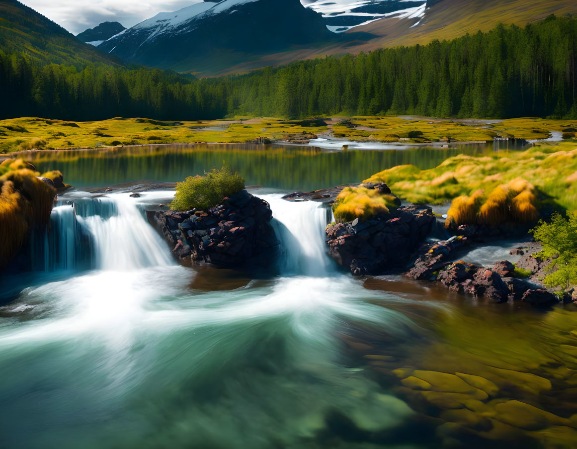 Tranquil waterfall in lush greenery with sunlit stream, shadowed mountains.