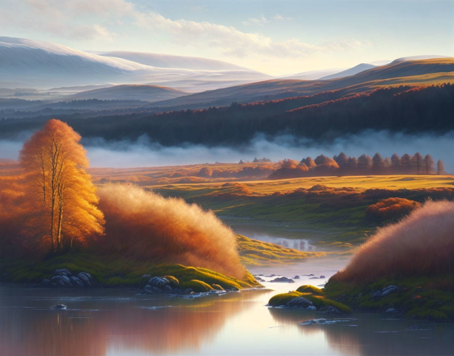 Golden-Hued Trees, Tranquil River, Rolling Hills: Sunrise or Sunset Landscape