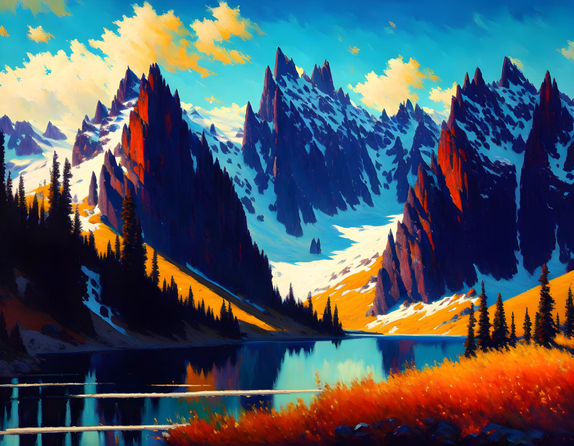Scenic mountain landscape with serene lake and pine trees