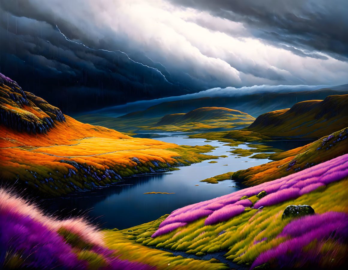 Colorful landscape with stormy sky, serene lake, and vibrant hills.