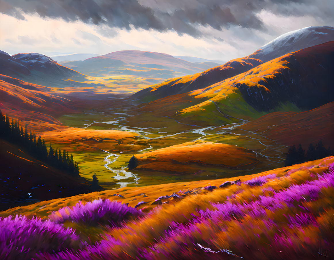 Scenic landscape with purple flora, rivers, and sunlit peaks