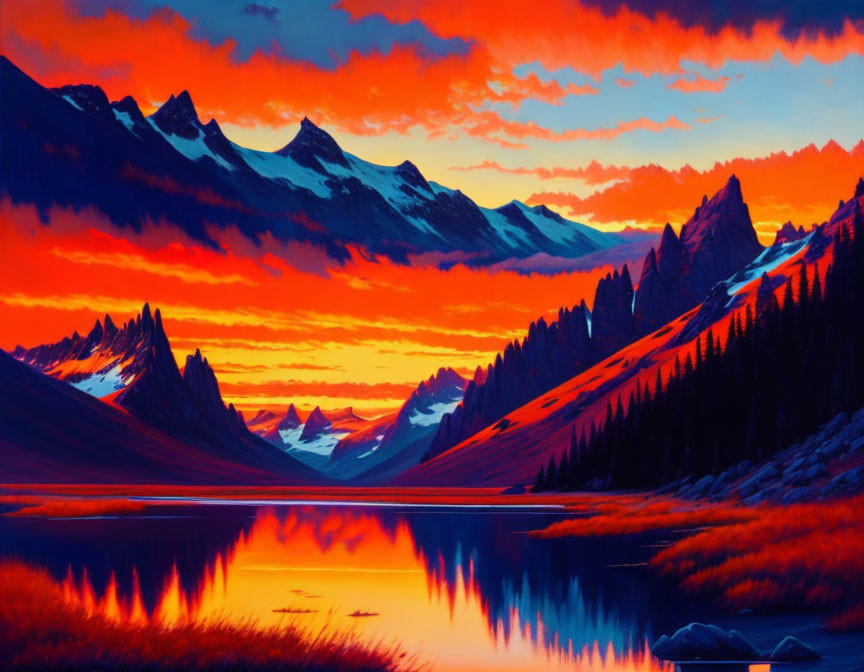 Vivid sunset over mountain lake with fiery colors
