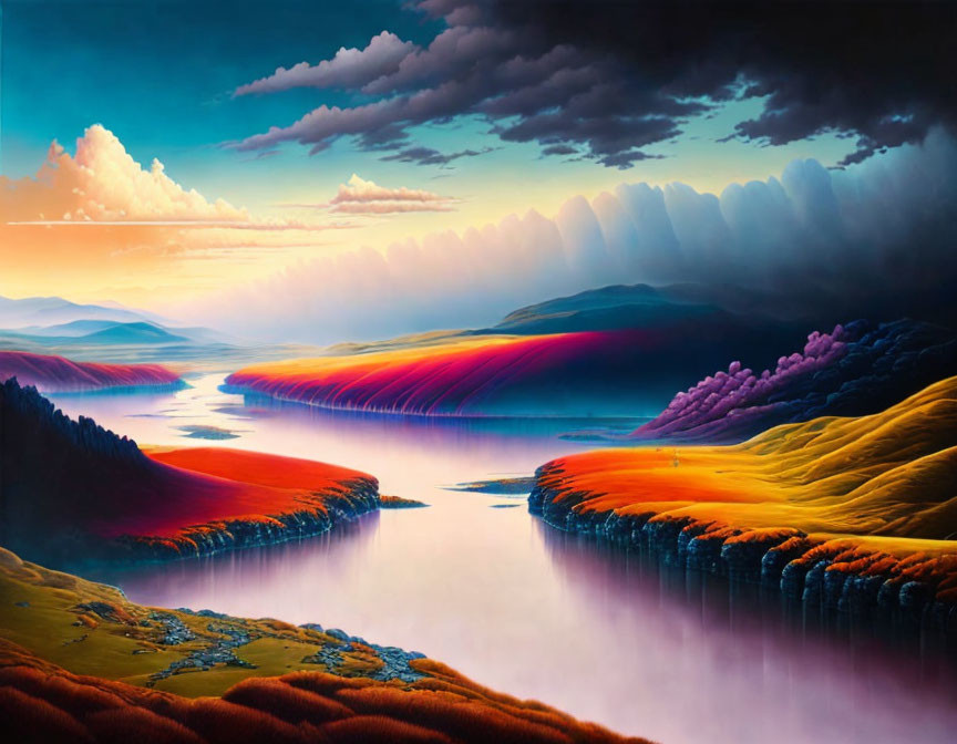 Vibrant fantasy landscape with rolling hills and meandering river