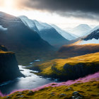 Snow-capped mountains and river in dramatic landscape with vibrant purple flora