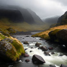 Scenic misty river valley with rocky terrain and moss-covered stones