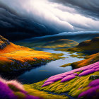 Colorful landscape with stormy sky, serene lake, and vibrant hills.